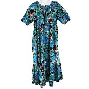 80s Hilo Hattie Womens 3X Hawaiian Maxi Dress Tropical Ruffle Hem Luau Vacation